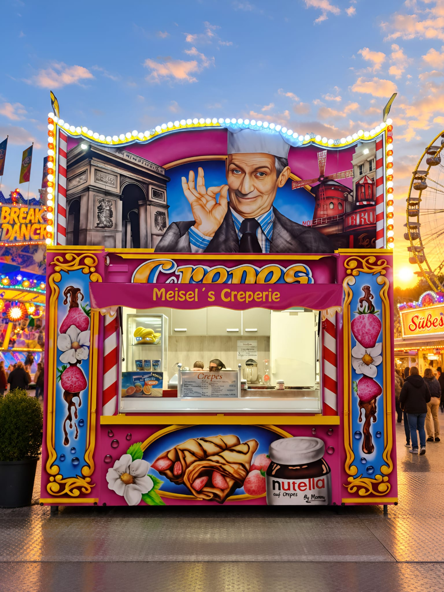 Die farbenfrohe Fassade von Meisel’s Creperie auf einem Volksfest