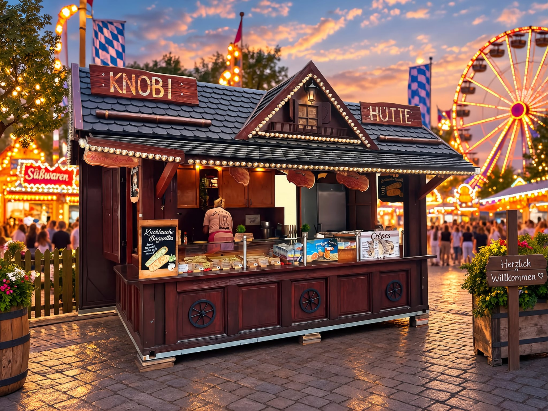 Die beleuchtete Knobi-Hütte mit Verkaufstheke auf einem Festplatz