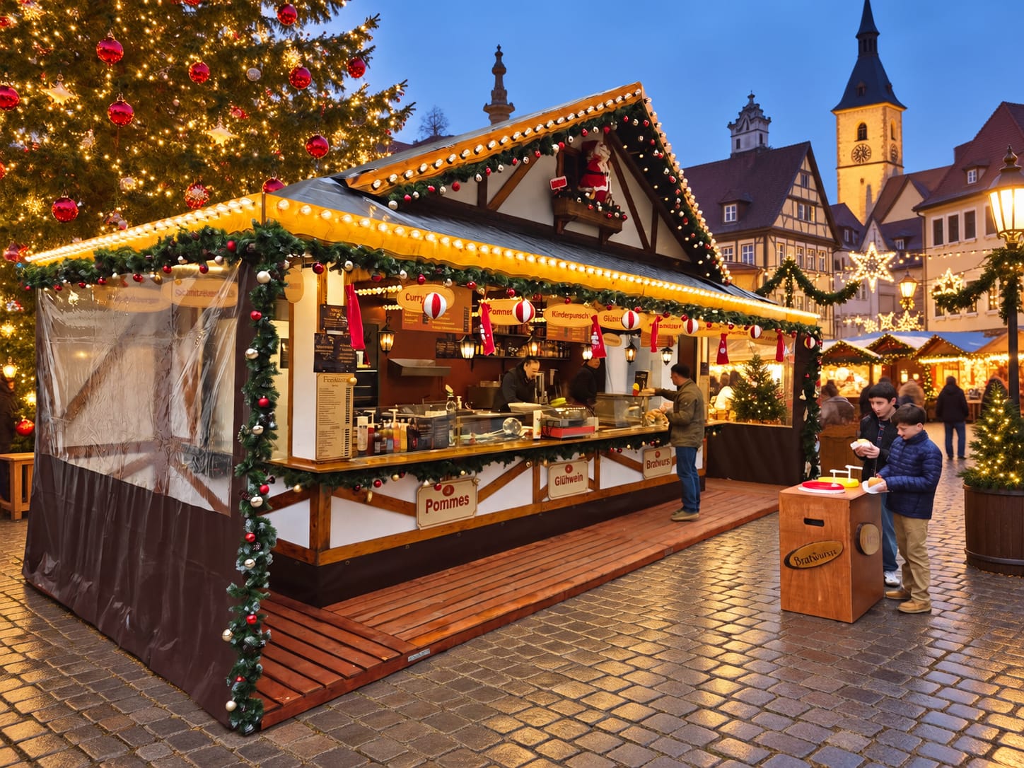 Meisel’s Fränkischer Imbiss als festlich beleuchtete Holzhütte mit Bratwurst und Glühwein