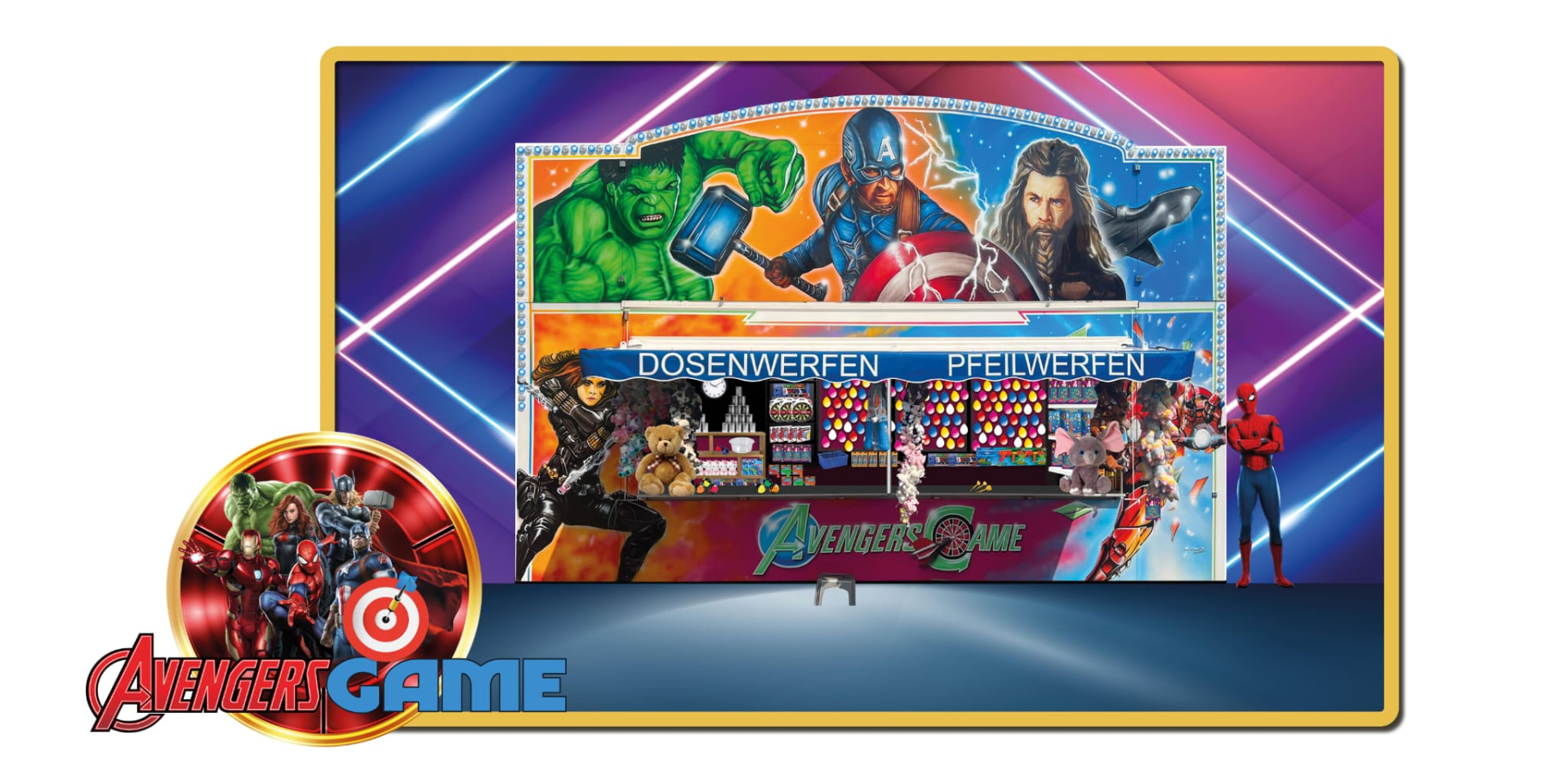 Die Avengers-Game-Spielbude mit Dosenwerfen und Pfeilwerfen